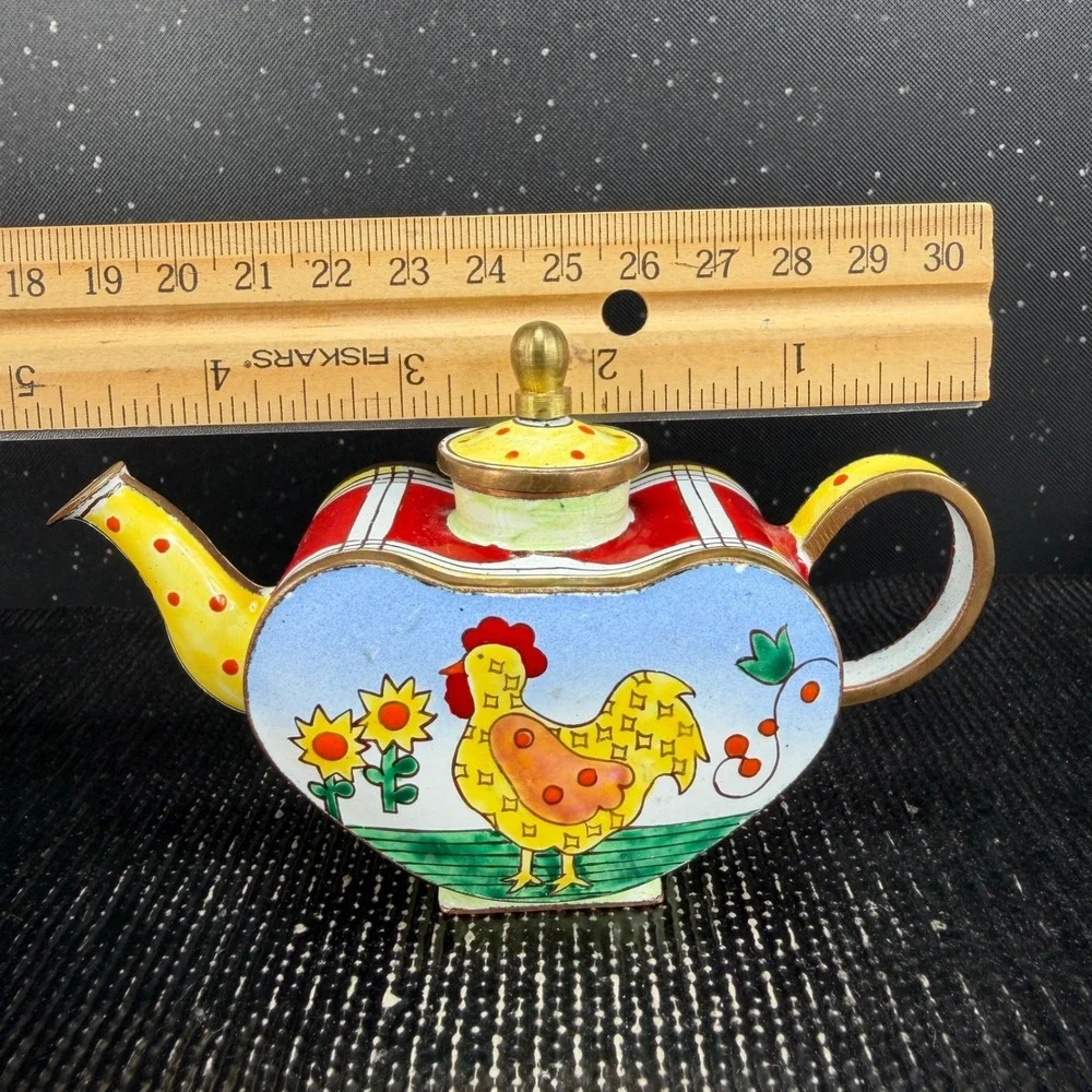 Kelvin Chen 1999 Miniature Rooster Heart Enamel Teapot US 80 CP Hand Painted 3x4